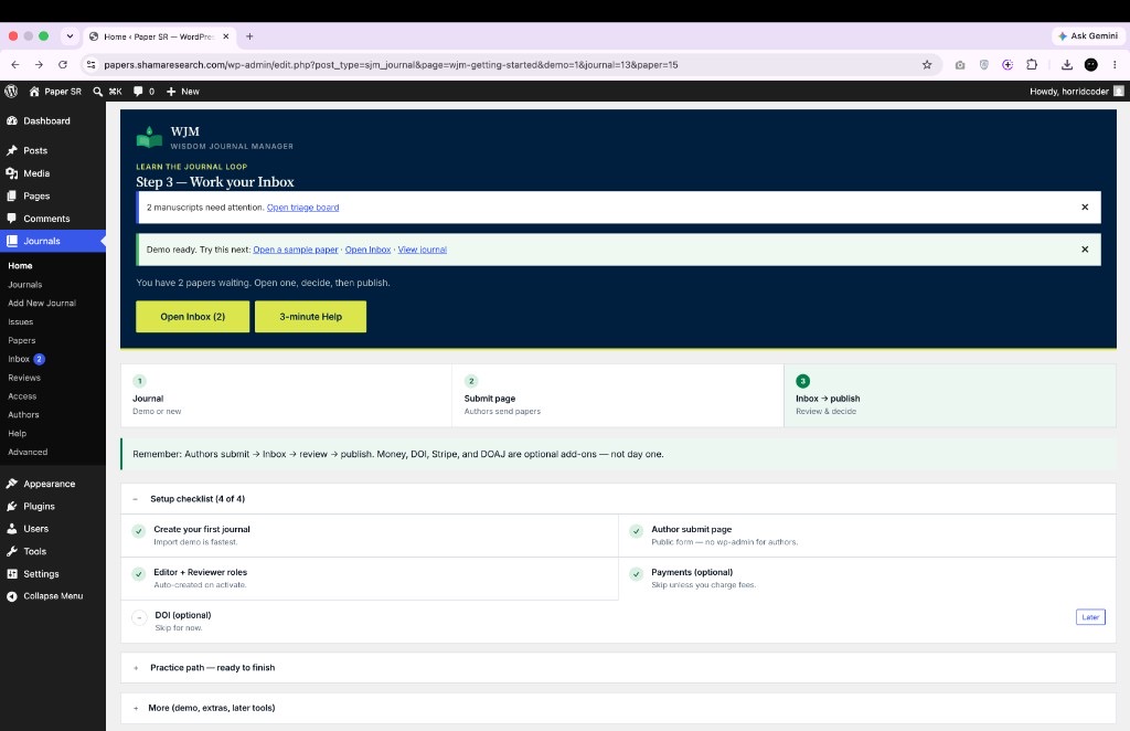 WJM Home in WordPress showing the next step for your journal after install