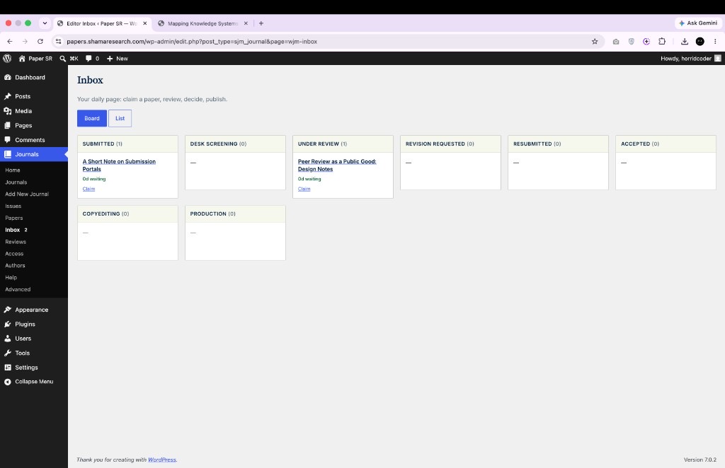 WJM Inbox board in WordPress with papers to claim, review, and decide