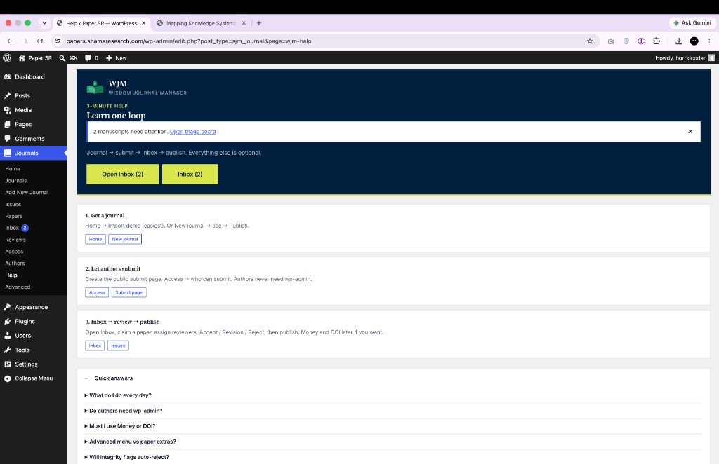 Built-in Help page teaching the WJM journal loop