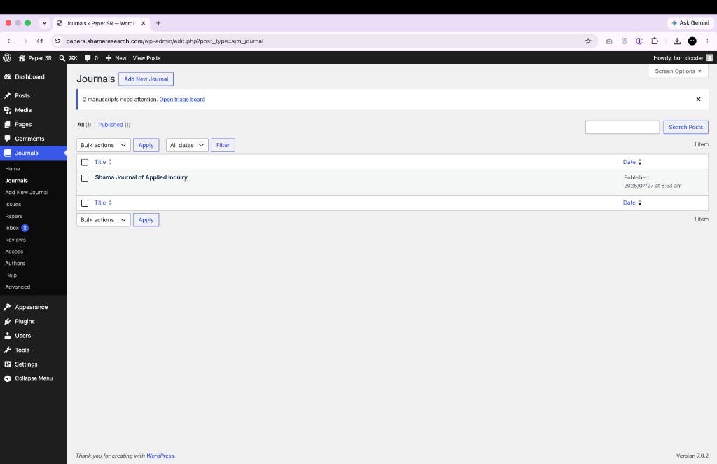 List of journals in WJM WordPress admin