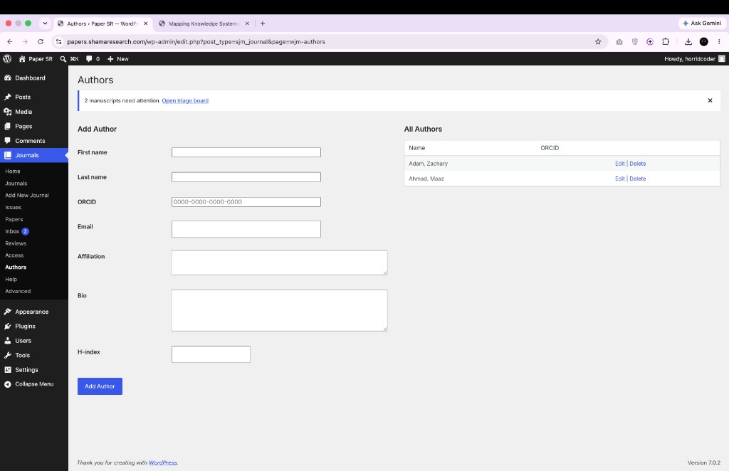 Authors list with ORCID fields in WJM