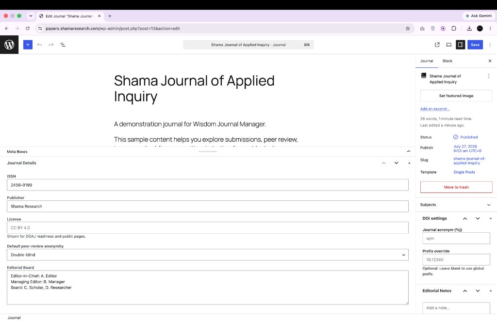 Edit journal settings including ISSN and editorial board in WJM