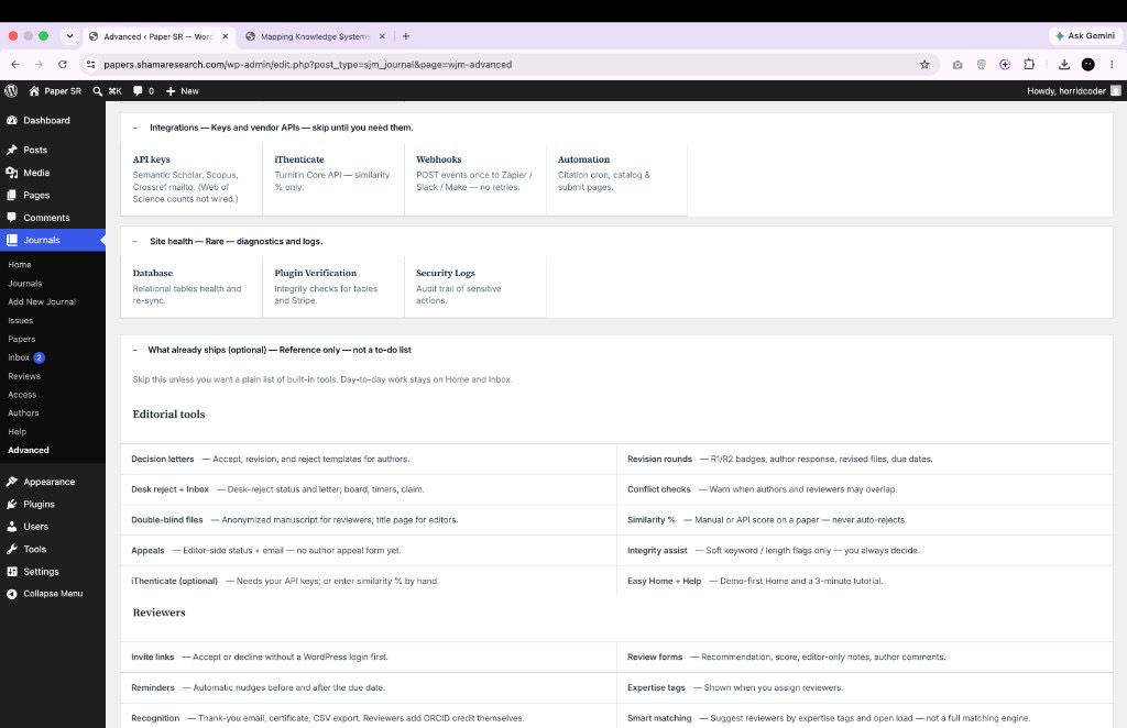 WJM Advanced page showing site health and feature list